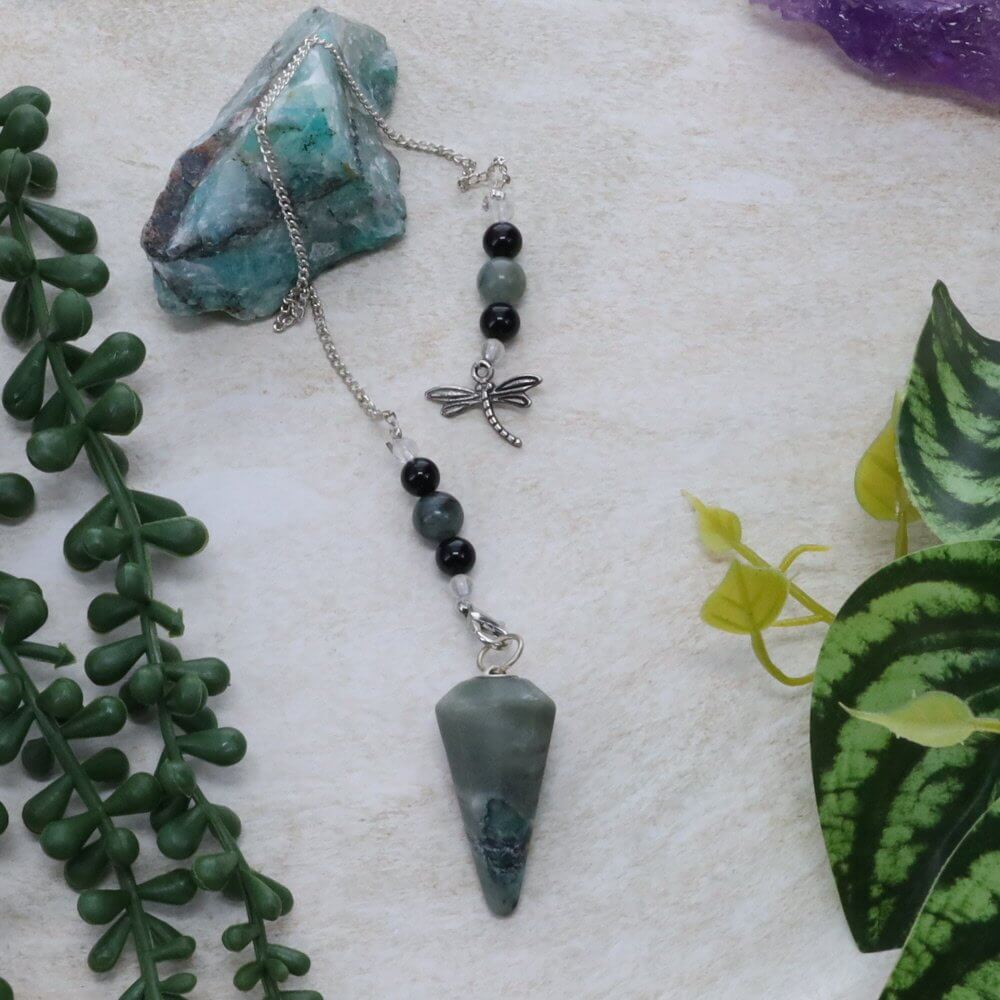 Emerald Faceted Pendulum with Dragonfly