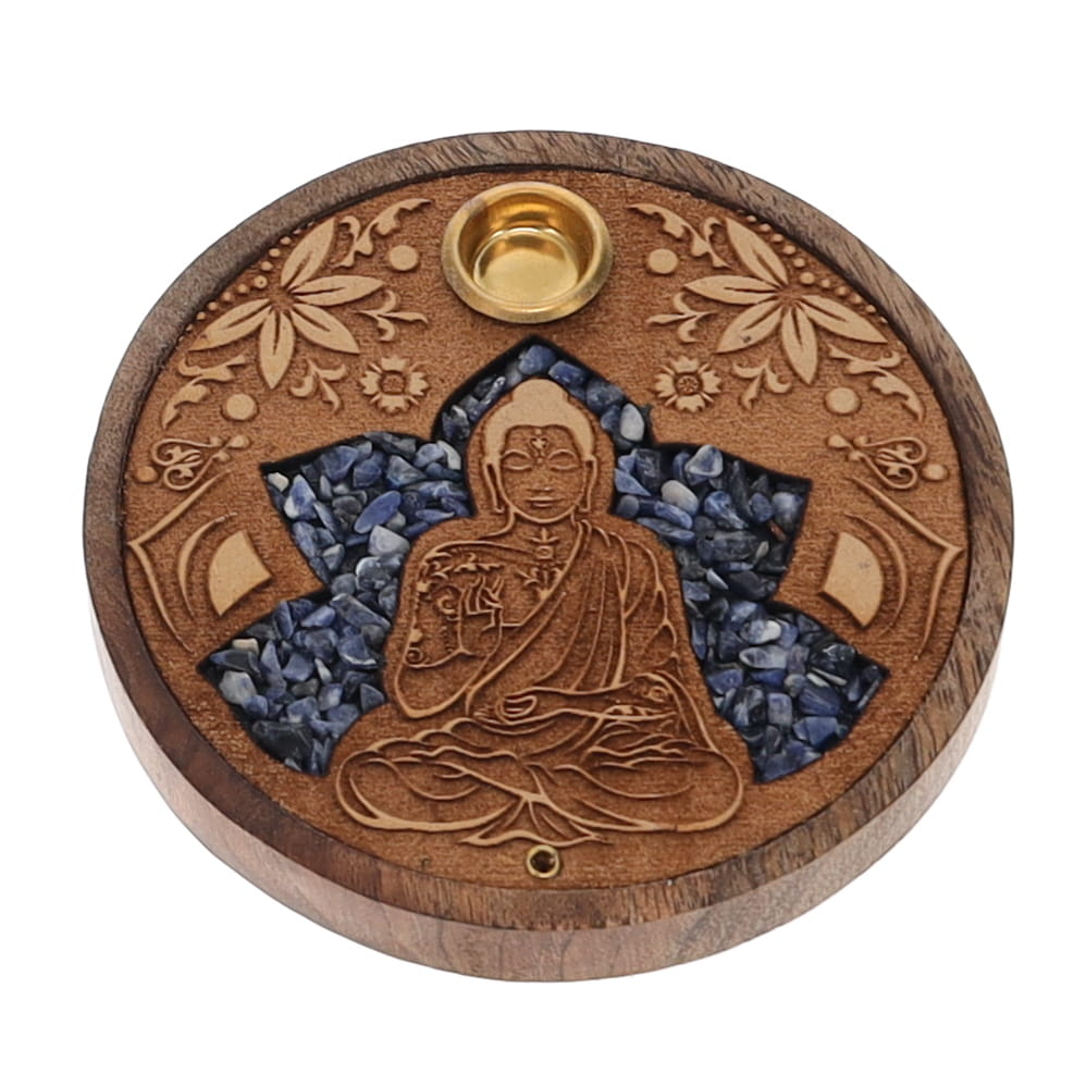 Buddha Sodalite Inlay Wooden Cone and Incense Burner 10cm