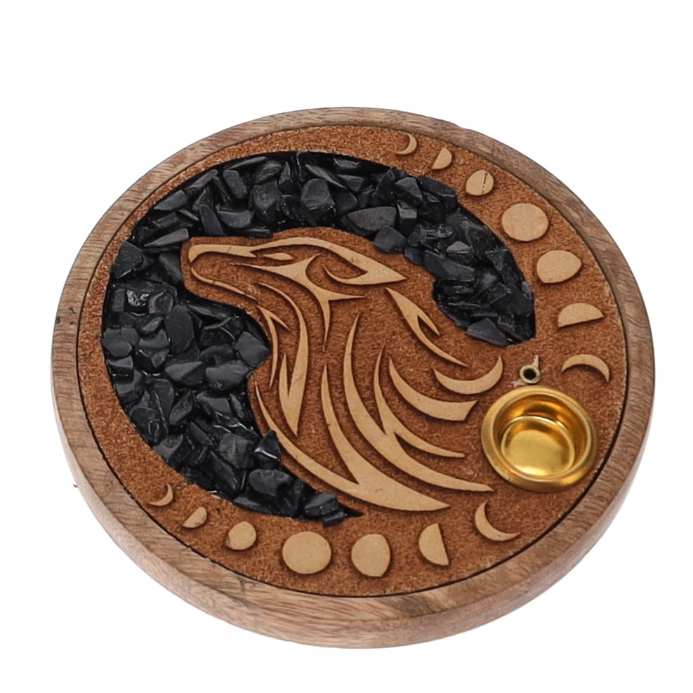 Wolf Black Onyx Inlay Wooden Cone and Incense Burner 10cm