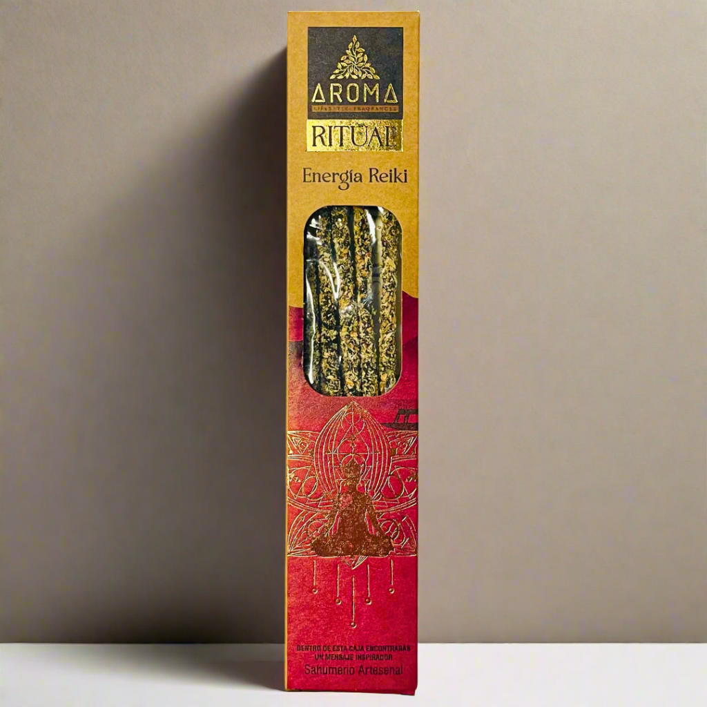 Aroma Ritual Energia Reiki incense packaging with red and gold design on a white background