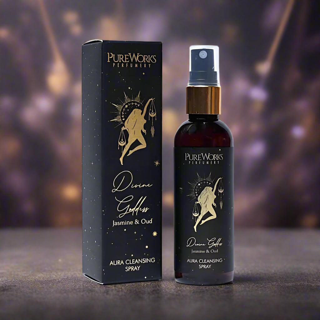 PureWorks Perfumery Divine Goddess Aura Cleansing Spray and packaging on a white background