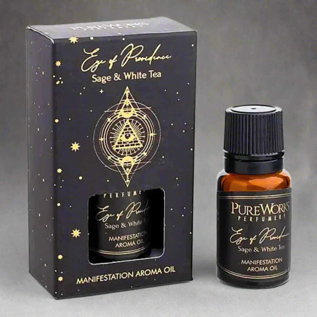 Pureworks Aroma Oil bottle with packaging featuring 'Eye of Providence' design.