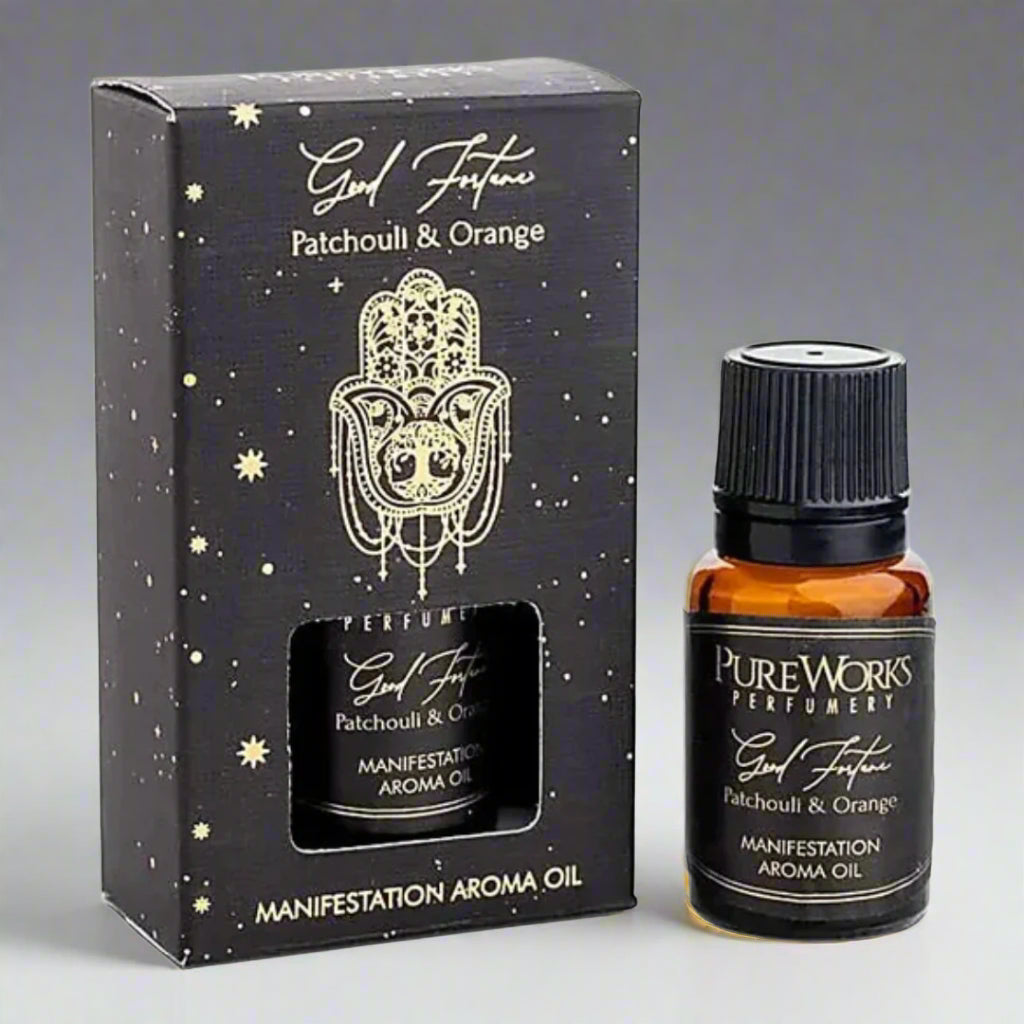 Manifestation Aroma Oil packaging with black box and bottle on a white background