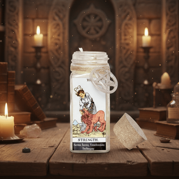 Decorative candle with a label on a wooden table in a mystical setting with candles and books.