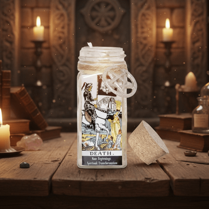 Jar with a tarot card design labeled 'Death' on a mystical table with candles and books.
