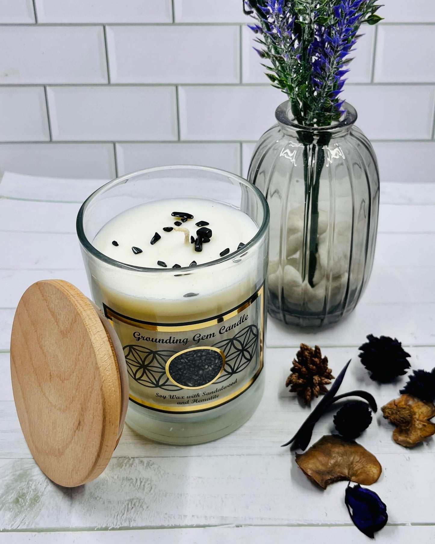 Harmonia SANDALWOOD Soy Wax Gemstone Candle - Hematite Grounding