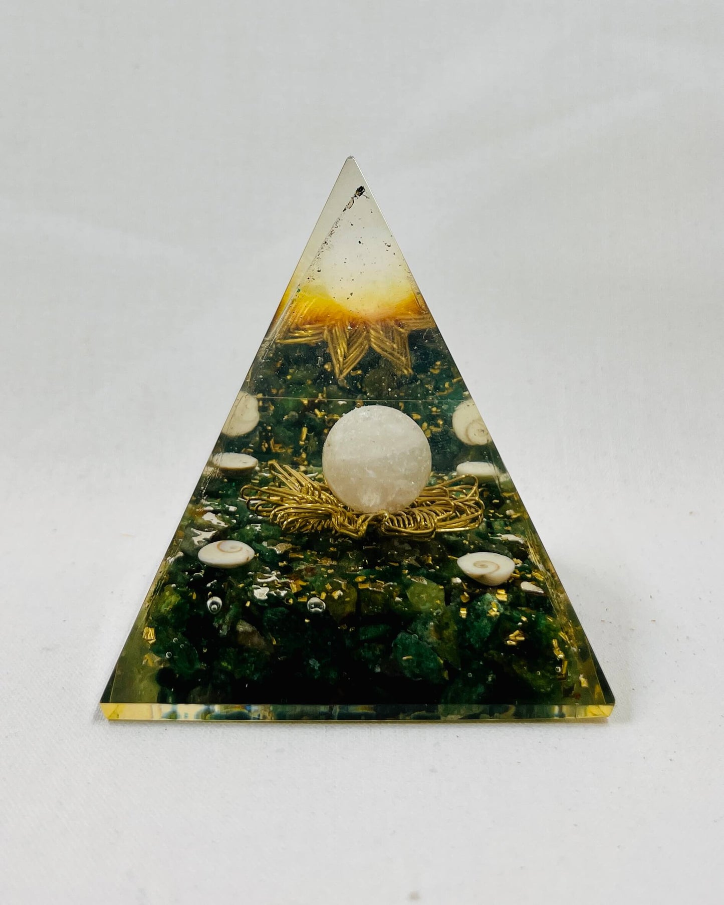 Orgonite Pyramid with Rose Quartz Sphere GREEN FLUORITE Large