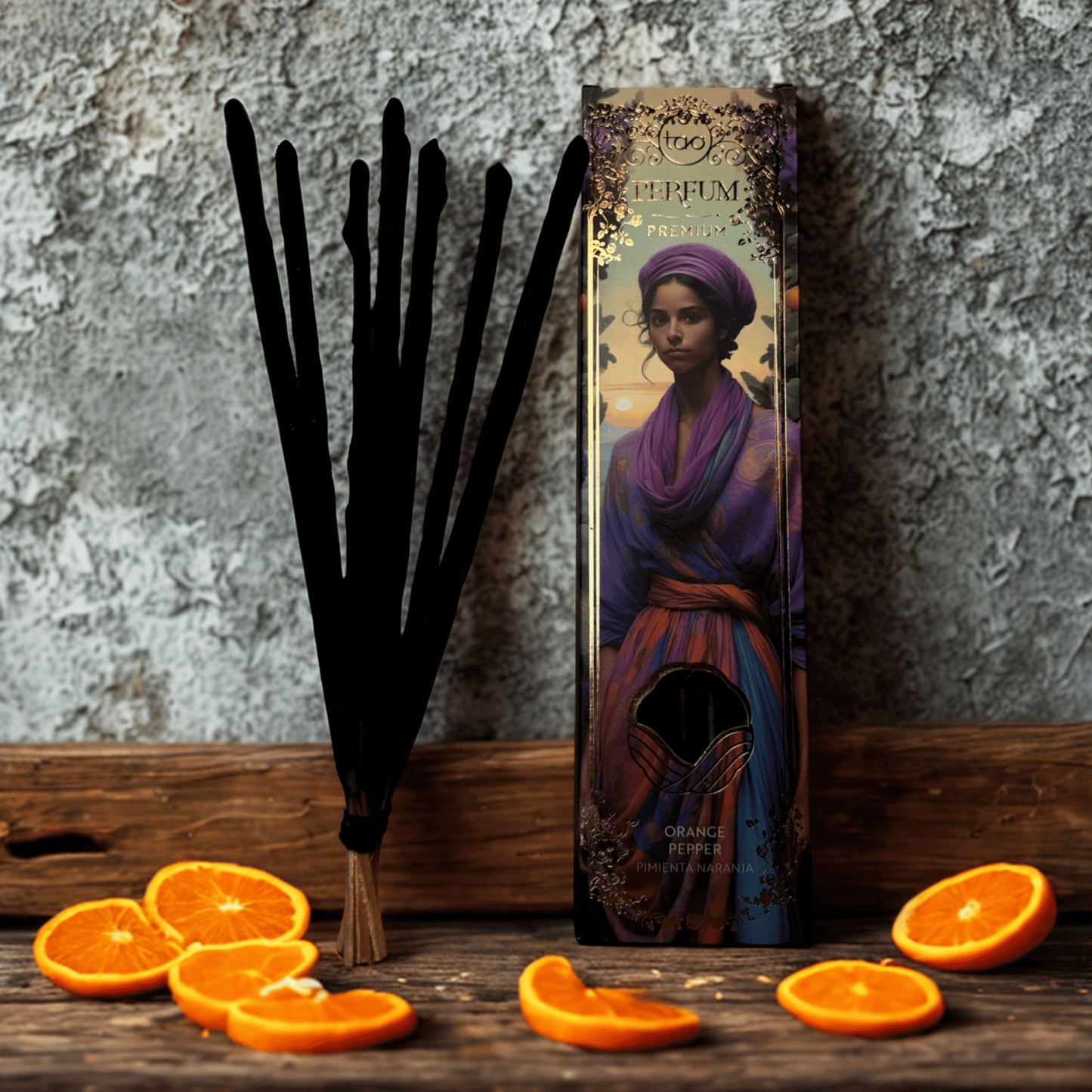 Perfume bottle with artistic label featuring a person, surrounded by sliced oranges on a rustic surface.