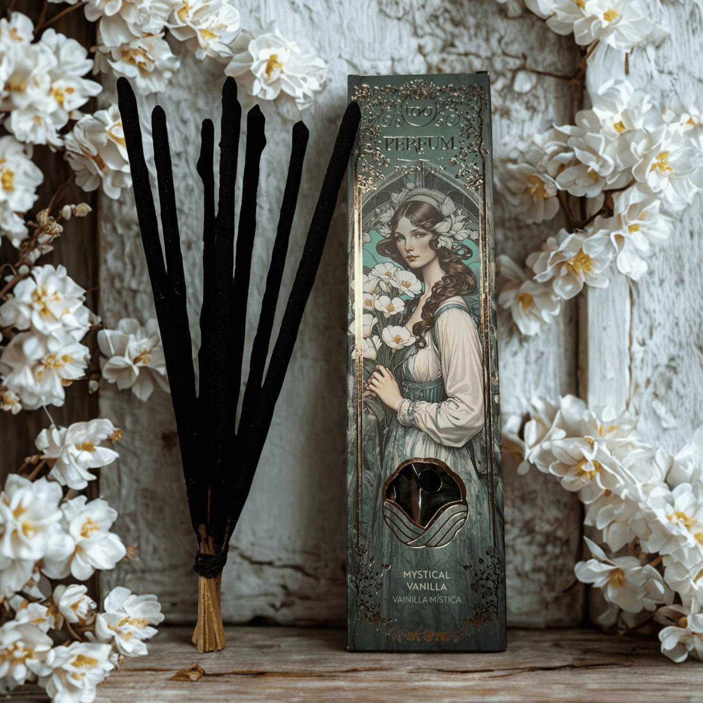 Vintage-style perfume bottle with decorative packaging on a wooden surface with white flowers.