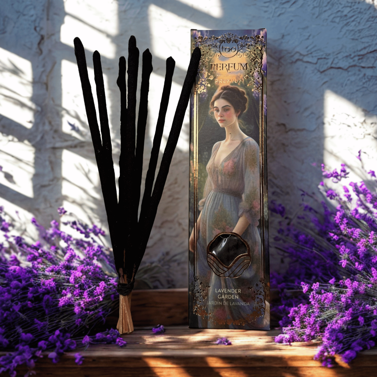 Lavender-themed product packaging with black feathers and lavender flowers on a textured wall background