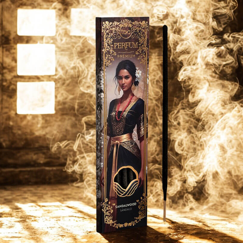 Perfume bottle with decorative packaging featuring a woman's portrait in a smoky, warm-toned setting.