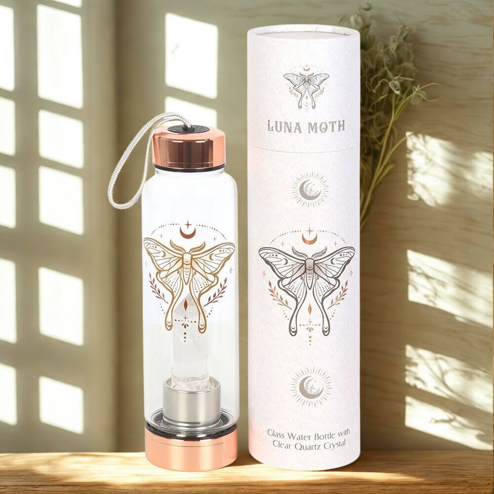 Luna Moth Glass Water Bottle with Clear Quartz Crystal