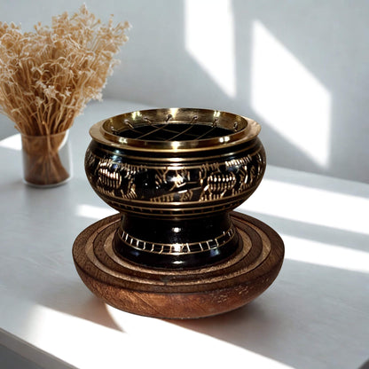 Carved Brass Charcoal Holder with wooden base