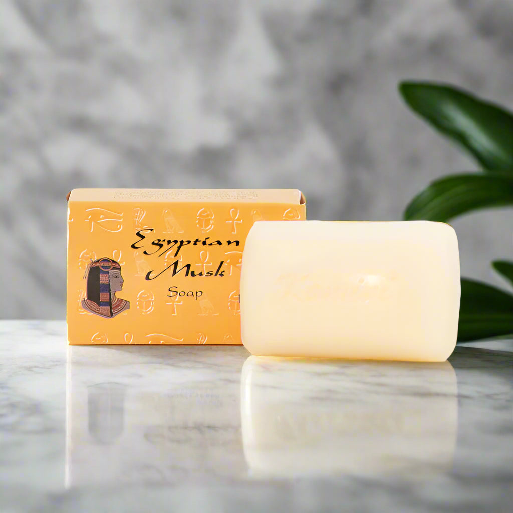 Bar of Egyptian Mask soap with packaging on a white background