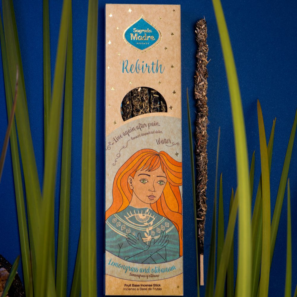 The product image features an incense package with the name "Sagrada Madre Five Element Incense WATER - REBIRTH" printed on it. The package is made from artisanal fruit-based materials, specifically designed to be eco-friendly.