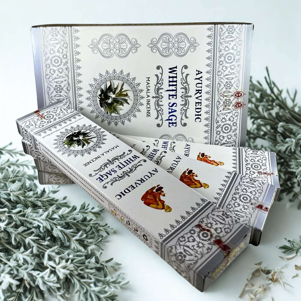 White sage incense packaging with decorative design on a white background