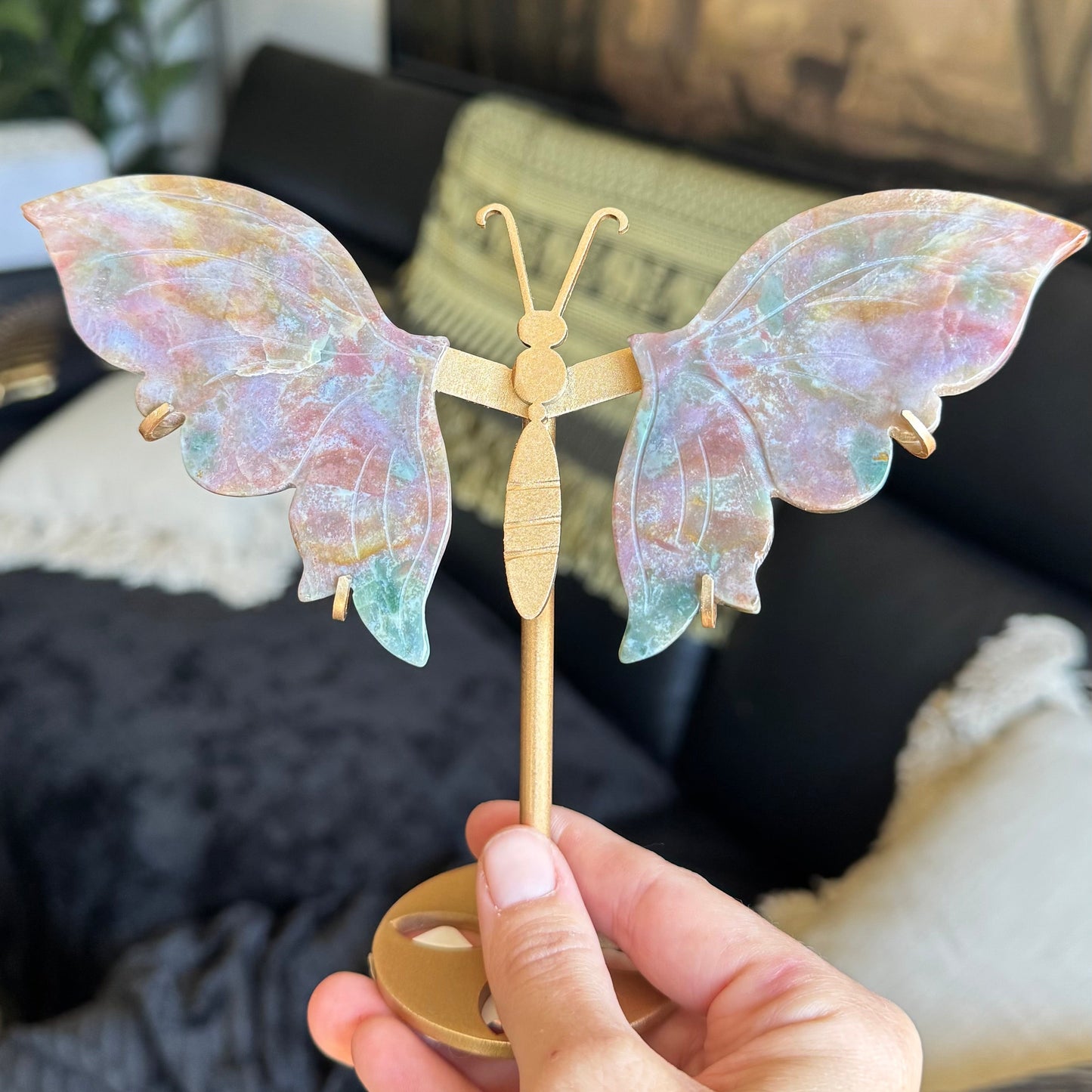 Butterfly Wings Carving on stand NATURAL OCEAN JASPER