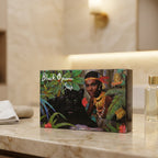 Soap packaging with a black panther and person in a jungle setting, labeled 'Black Opium Soap'.