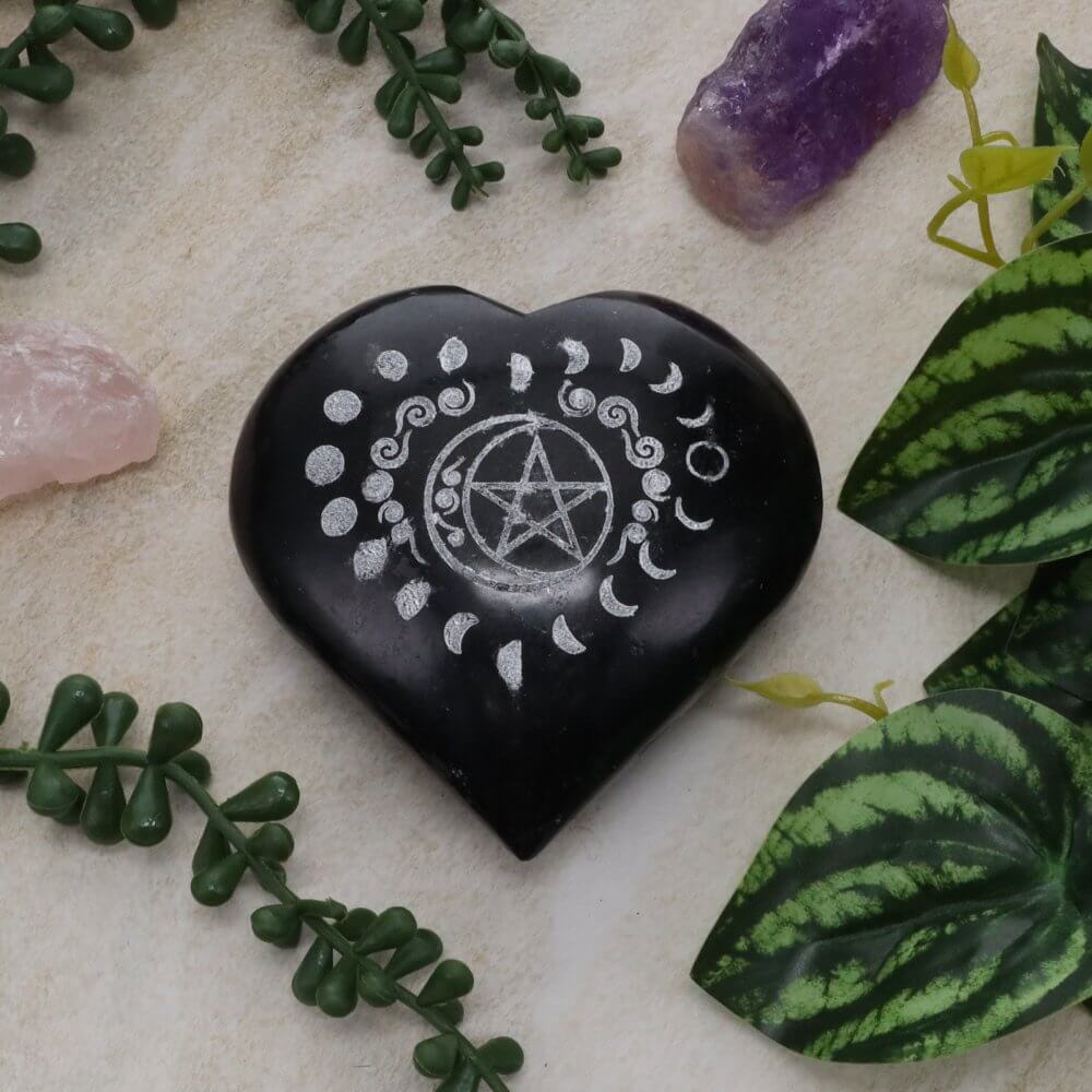 Black Tourmaline with Pentacle Moon Heart 70mm