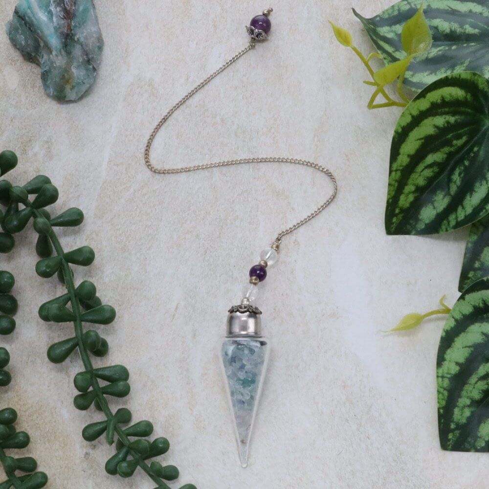 Fluorite Chips Glass Teardrop Pendulum
