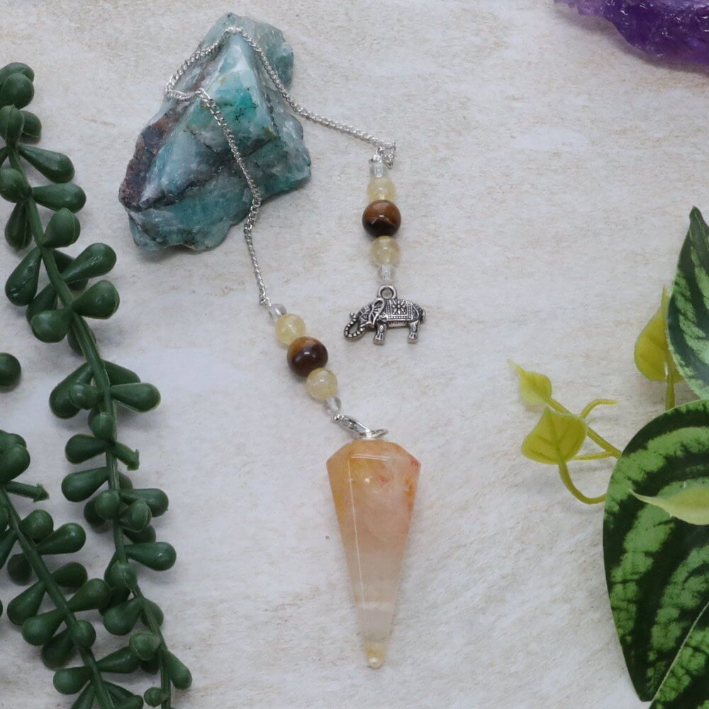 Golden Healer Quartz Faceted Pendulum with Elephant