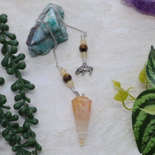 Golden Healer Quartz Faceted Pendulum with Elephant