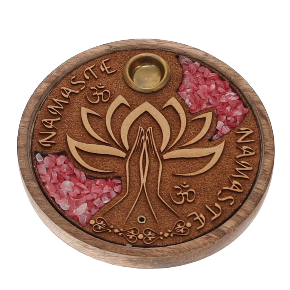 Namaste Rose Quartz Inlay Wooden Cone and Incense Burner 10cm