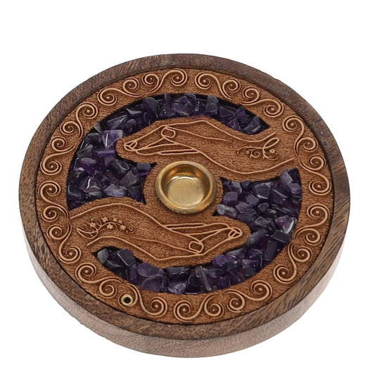 Healing Hand Amethyst Inlay Wooden Cone and Incense Burner 10cm