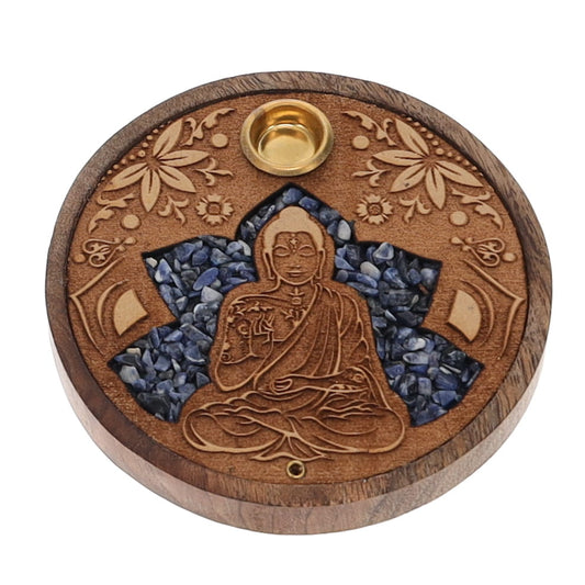 Buddha Sodalite Inlay Wooden Cone and Incense Burner 10cm