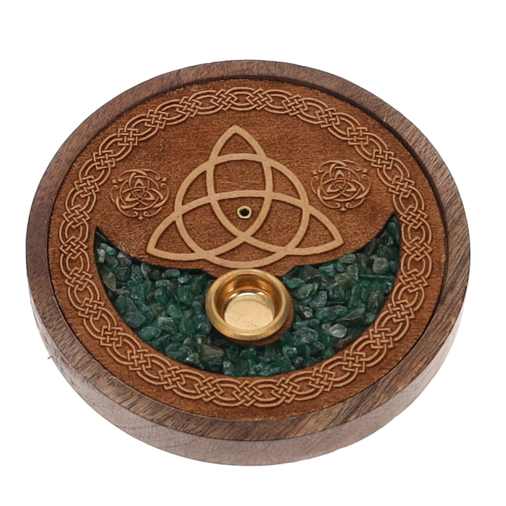 Triquetra Green Aventurine Inlay Wooden Cone and Incense Burner 10cm
