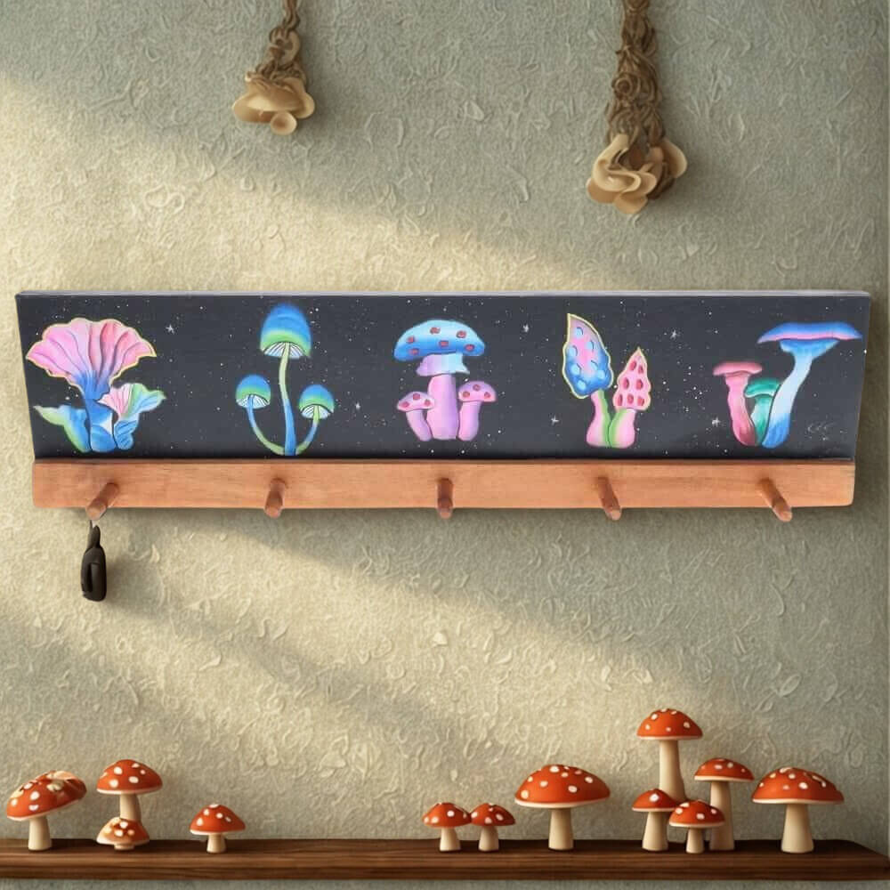 Wooden Key Holder - Painted Mushrooms