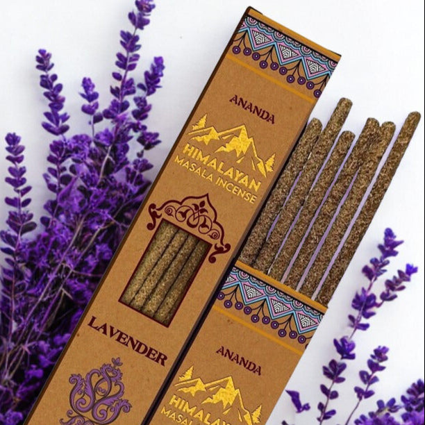 Himalayan Masala Incense packaging with lavender flowers on a white background