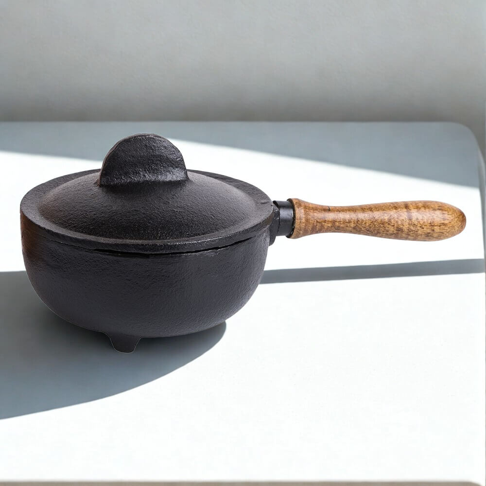 Cast Iron Charcoal Burner with Wood Handle & Lid