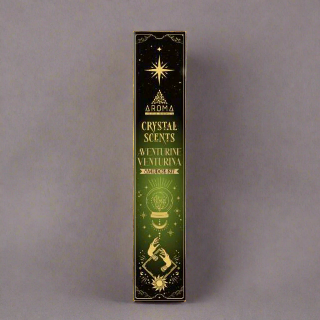 Aromatherapy product packaging with green and gold design on a white background