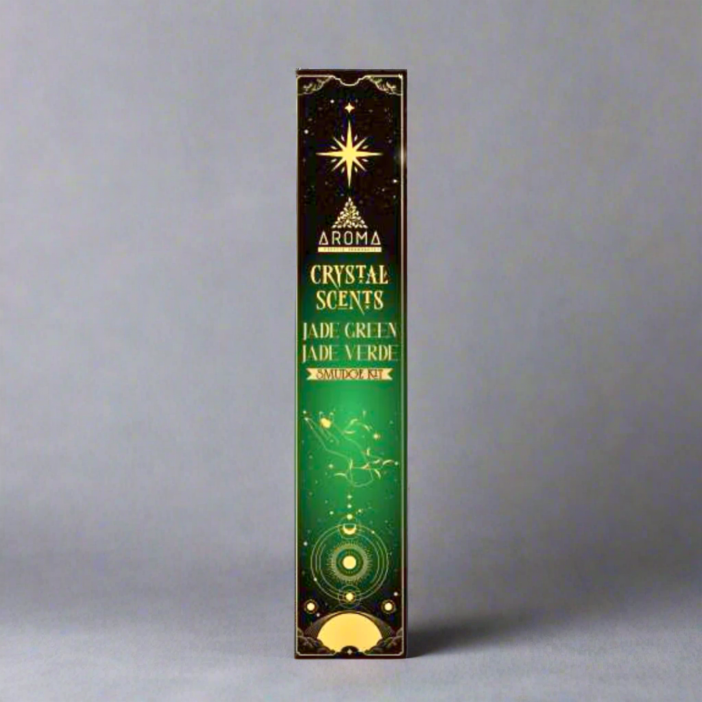 Aroma Crystal Scents incense stick packaging with green design on a white background