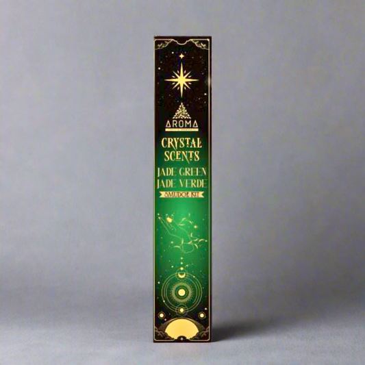 Aroma Crystal Scents incense stick packaging with green design on a white background