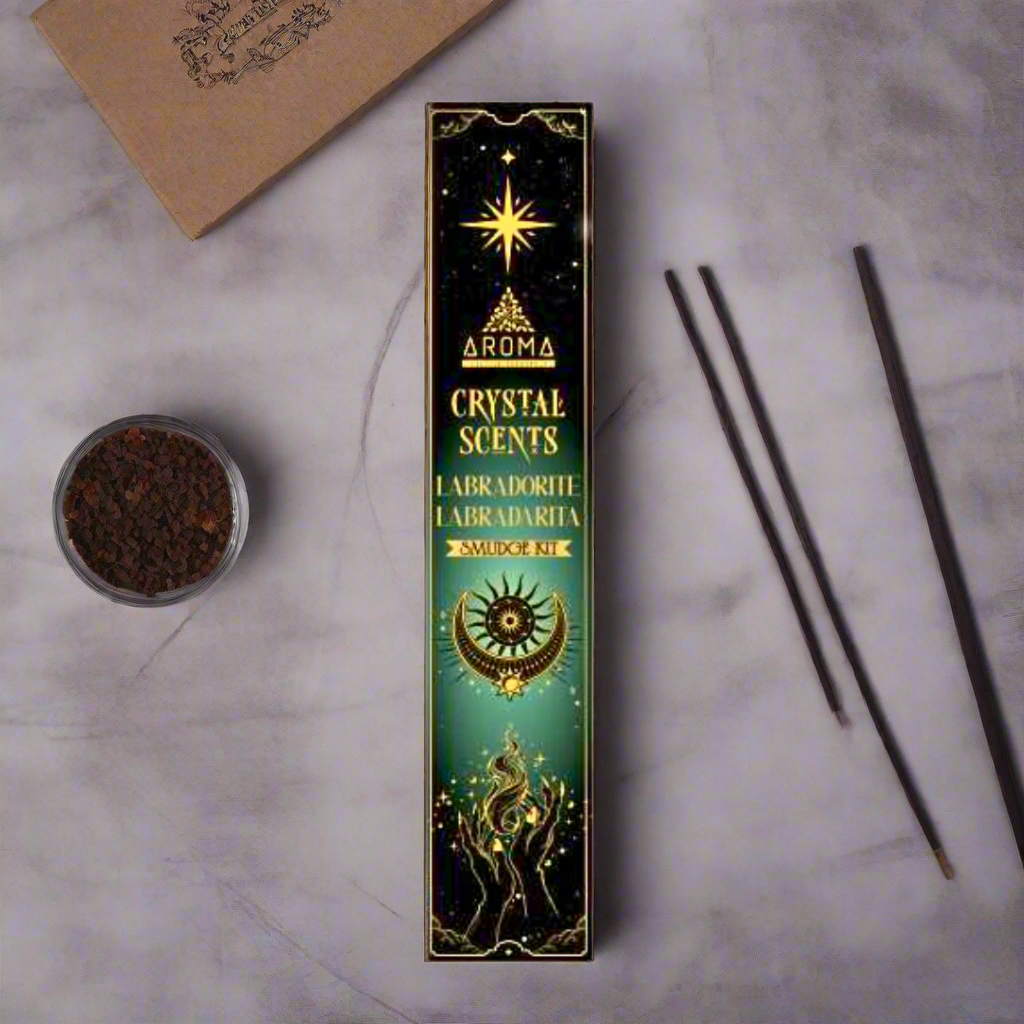 Aroma Crystal Scents Labradorite packaging on a white background