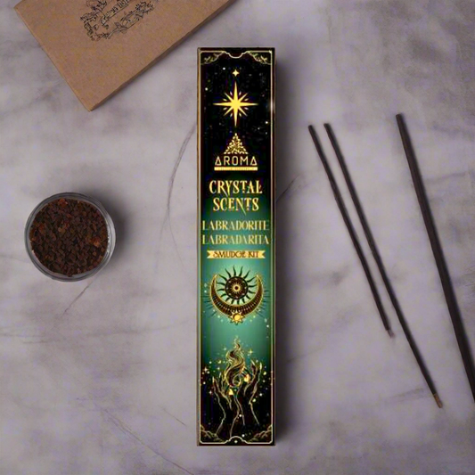 Aroma Crystal Scents Labradorite packaging on a white background