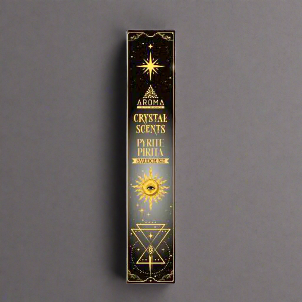 Aroma Crystal Scents Pyrite Pirita incense stick packaging on a white background