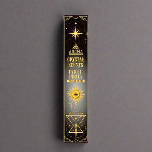 Aroma Crystal Scents Pyrite Pirita incense stick packaging on a white background