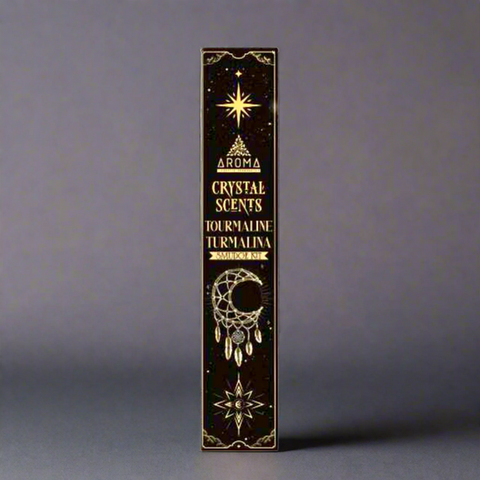 Aromatherapy product packaging with 'Crystal Scents' and 'Tourmaline Turmalina' text on a black background.
