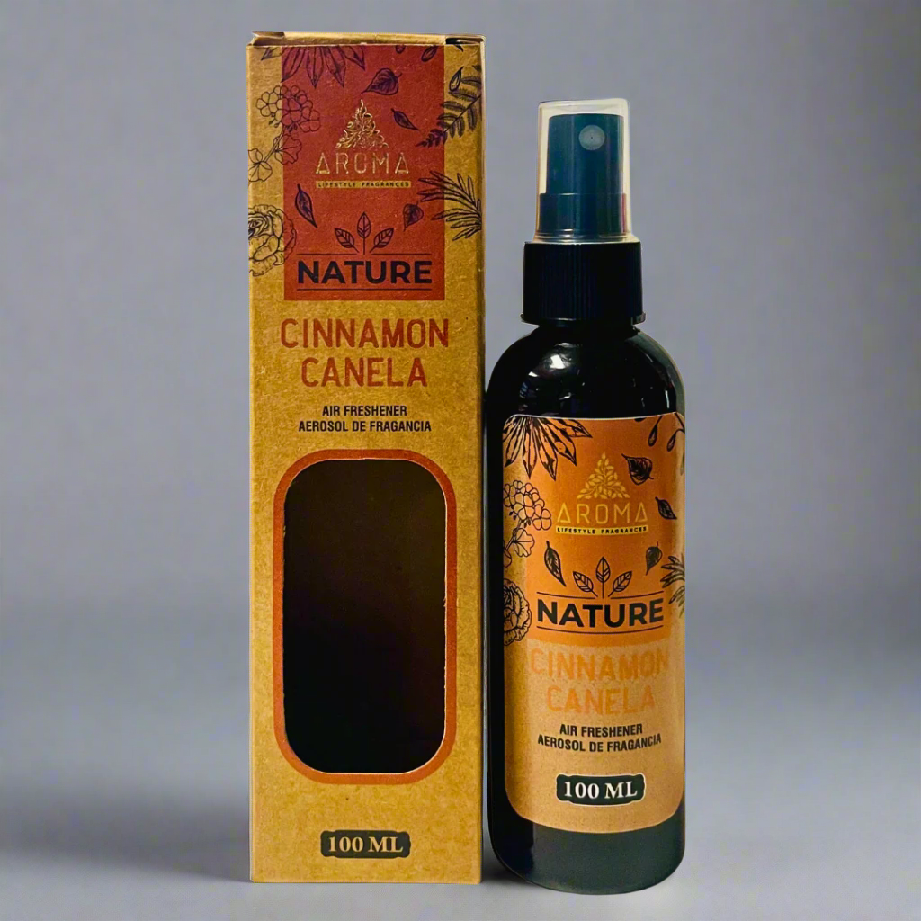 Aroma Nature Cinnamon air freshener spray bottle and packaging on a white background