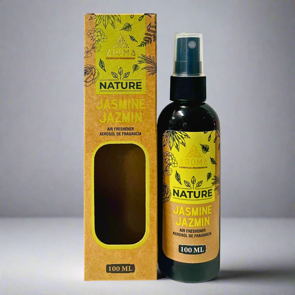 Aroma Nature Jasmine Jazmin air freshener bottle and packaging on a white background