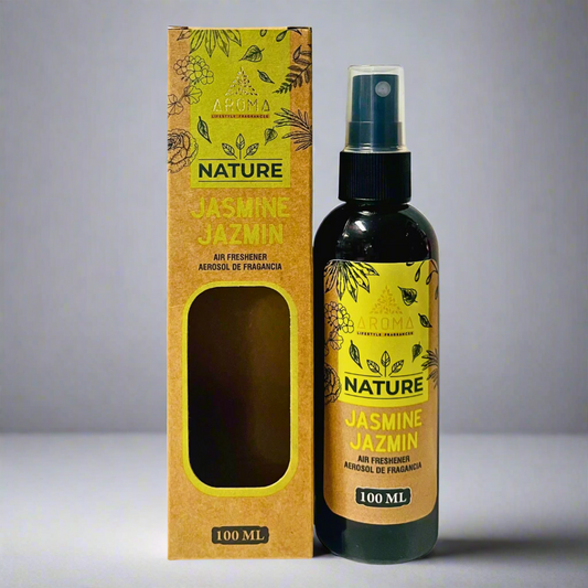 Aroma Nature Jasmine Jazmin air freshener bottle and packaging on a white background