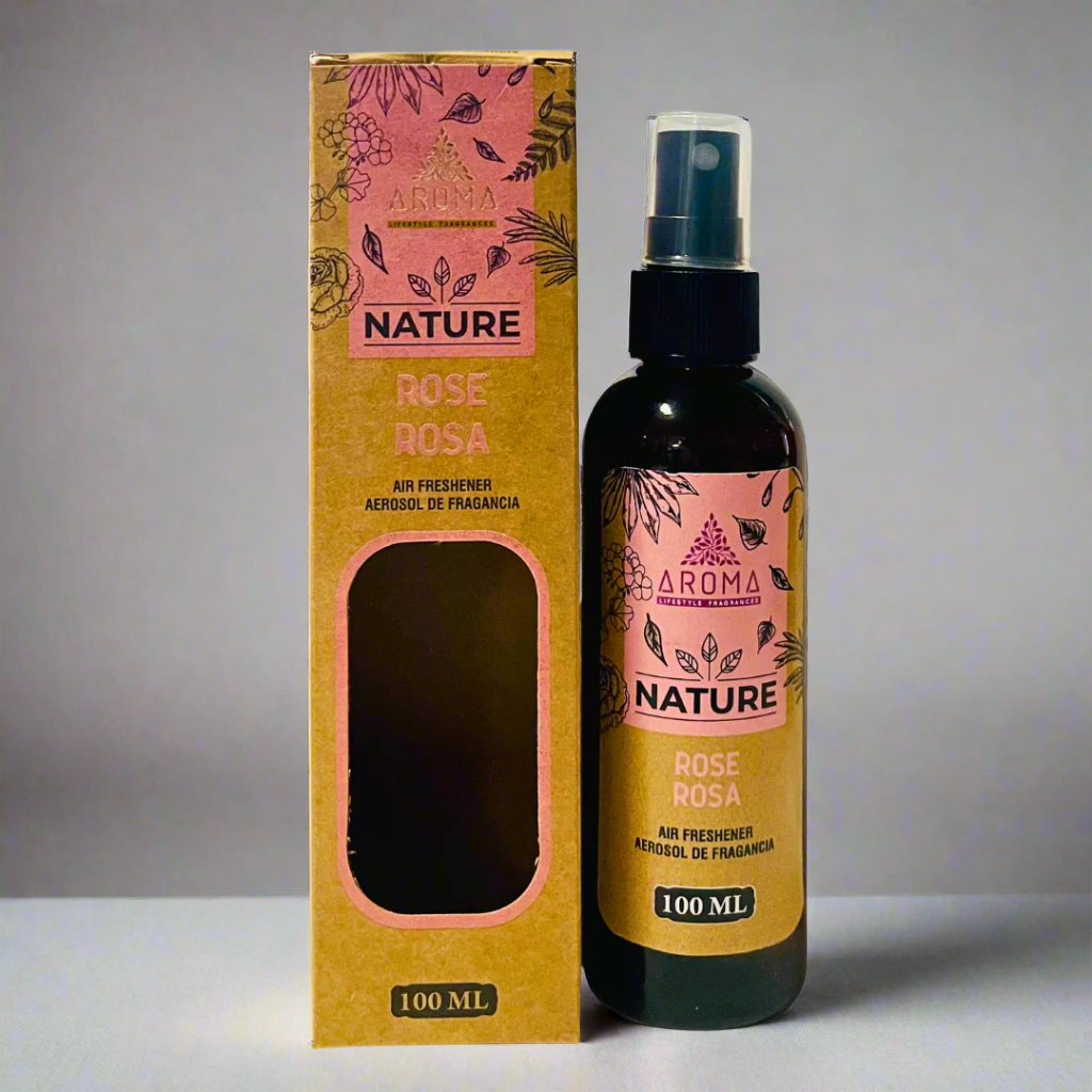 Aroma Nature Rose Rosa air freshener bottle and packaging on a white background