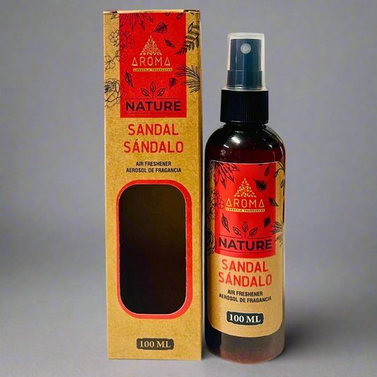 Aroma Nature Sandalwood air freshener bottle and packaging on a white background