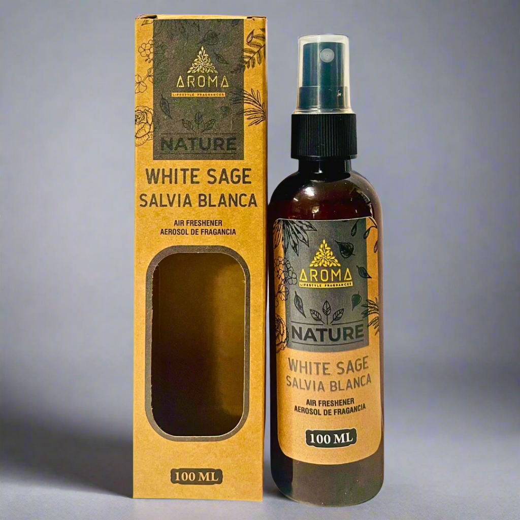 Aroma Nature White Sage air freshener spray bottle and packaging on a white background