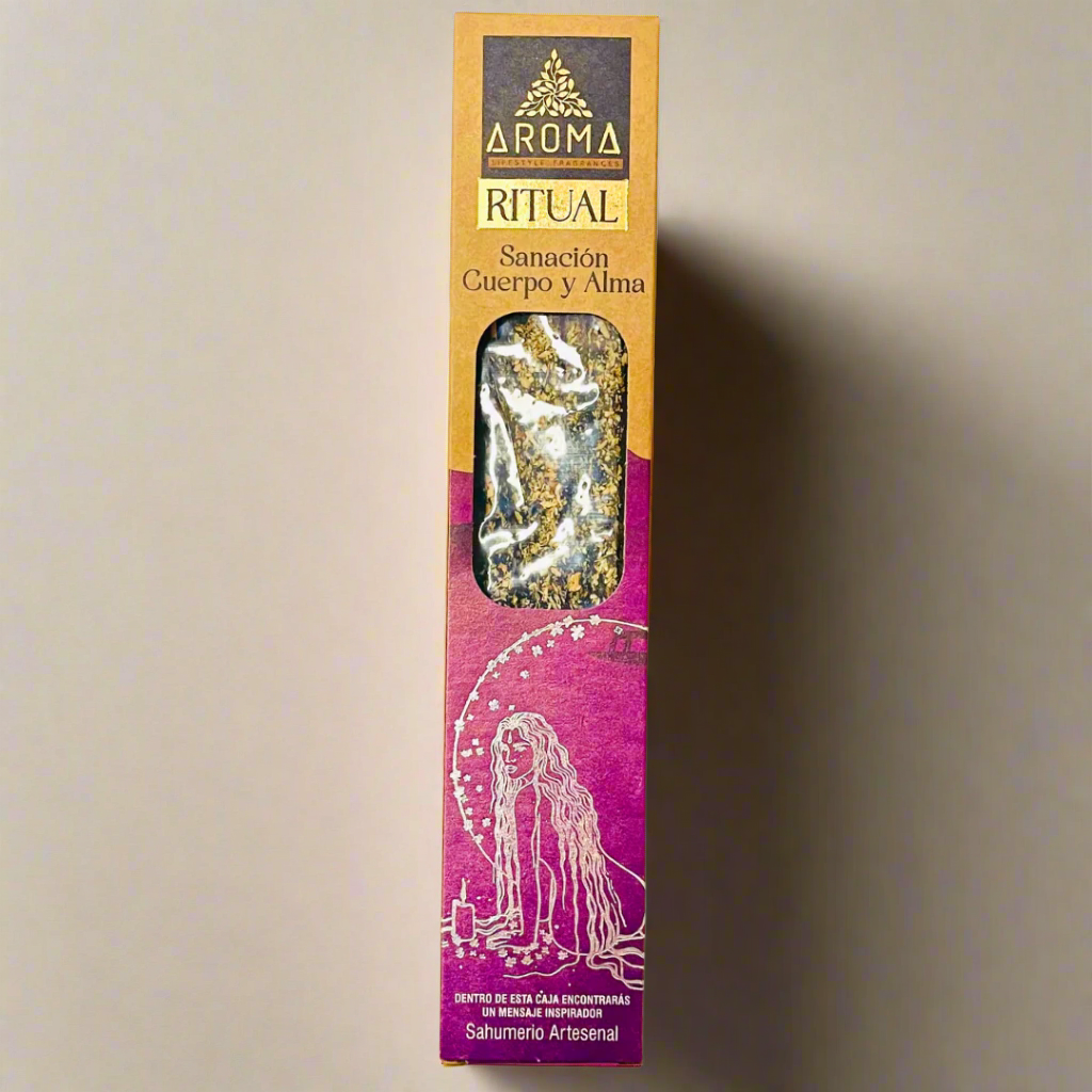 Aroma Ritual packaging with a pink and gold design on a white background