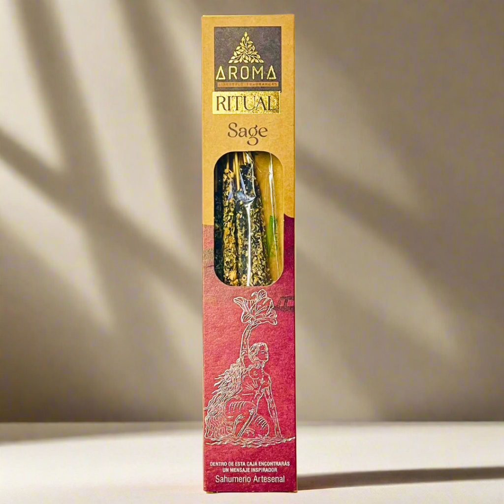 Aroma Ritual Sage packaging with incense sticks on a white background