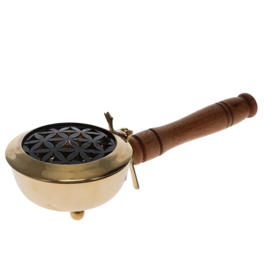 Flower of Life Brass Burner with Wooden Handle